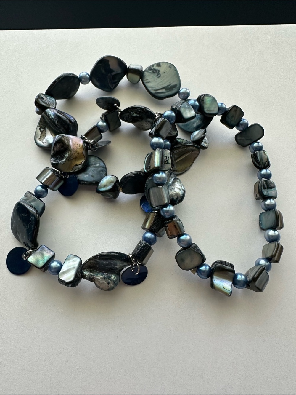 Handcrafted Iridescent Blue Beaded Bracelet Set (3)